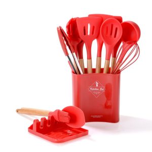 Set Of 13 Silicone Non-Stick Kitchen Cooking Utensils With Holder - Red